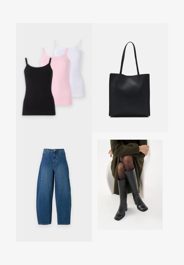 Tričko na ramienka v čiernej, ružovej a bielej farbe, s tenkými ramienkami, priliehavým strihom a mäkkou textúrou látky.; Džínsy v strednom modrom umývaní, s vysokým pásom, širokým strihom nohavíc a klasickým dizajnom s piatimi vreckami a viditeľnými švami.; Čierne kožené čižmy po kolená so štvrtým prstom a blokovým opätkom, zobrazené s modelom sediacim v olivovo zelenej bunde. Hladká textúra, minimálne detaily.; Čierna kožená taška na rameno s hladkým povrchom, obdĺžnikovým tvarom a dvoma dlhými uchami. Bez viditeľného kovania alebo ozdôb.