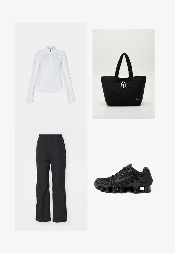 Balta ilga rankovė sportinė palaidinė su aukštu kaklu ir ketvirčio užtrauktuku, pasižyminti tekstūruotu audiniu ir subtiliu logotipu ant krūtinės.; Juodi, lengvi kelnės su elastinga juosmens juosta ir virvele. Yra struktūrizuotas paviršius ir mažas atspindintis logotipas šone.; Juodas sportinis batai su tinklinėmis viršutinėmis dalimis ir blizgiomis detalėmis. Yra kreivai suformuota spyruoklinė amortizacija ir tekstūruoti brūkšniai šone. Matomas Nike logotipas.; Juodai siūtas quilted rankinė su dvigubomis rankenėlėmis, su baltu Niujorko "Yankees" logotipu ir mažyčiu prekės ženklo emblemu šone.