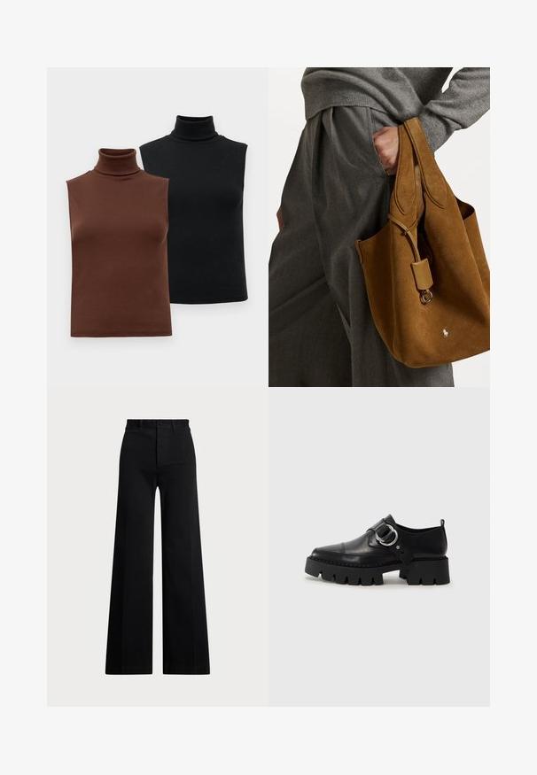 Dve brezrokavne rebraste majice s turtleneck ovratnikom v rjavi in črni barvi, prikazane na enotni beli podlagi.; Črne široke hlače iz tkanine, ki imajo visoko pasnico, sprednje zapiranje na gumb in stranske žepke. Gladek videz z jasnimi linijami.; Črne usnjene čevlje z debelim, rebrastim podplatom, ki imajo okroglo srebrno kovinsko dodatno opremo in minimalne šive.; Rjava semišna torba za na rame zaobljene oblike, z dvema ročkama in kovinskim dodatkom. Ima majhen logotip spredaj.