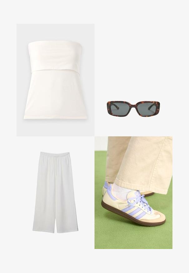 Bílý bezramínkový top vyrobený z hladkého, elastického materiálu. Má přiléhavé body, šev pod prsy a rovný lem. Minimalistický design.; Bílé kalhoty s širokými nohavicemi vyrobené z lehké tkaniny, s elastickým pasem a stahovací šňůrkou pro nastavitelnou velikost. Hladká textura.; Krémové a levandulové tenisky se třemi pruhy a texturovanou hnědou podrážkou, vybavené tkaničkami a polstrovanou patou. Měkký textilní svršek.; Sluneční brýle ve stylu želvoviny s obdélníkovými čočkami, silnými rámy a tmavými zbarvenými čočkami. Hladký povrch a minimalistický design.