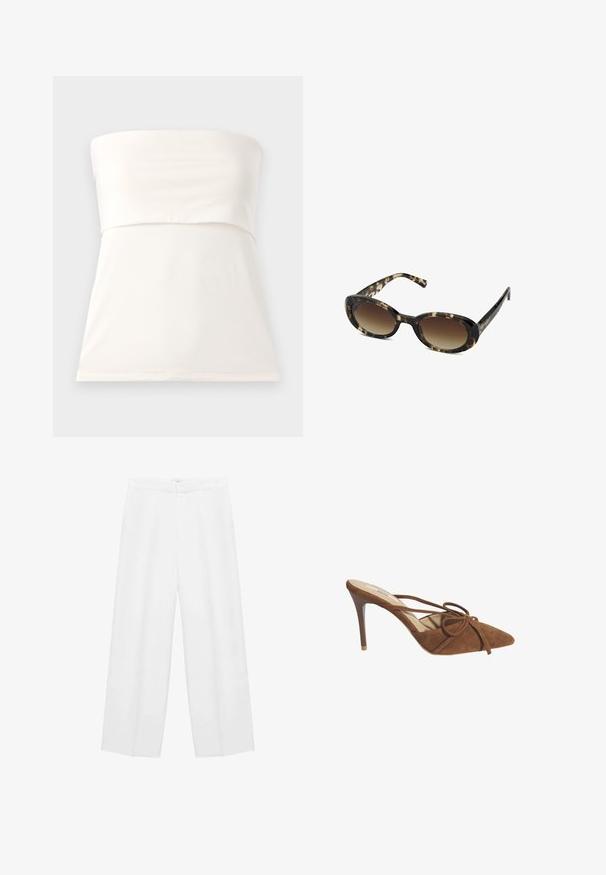 White strapless top made of smooth, stretchy fabric. Features a fitted bodice, below-bust seam, and straight hem. Minimalistic design.; Wide-leg white trousers with a smooth texture, featuring a high waistband and two side pockets. Simple design with no visible patterns.; Desa Heeled mules - brown; Kapten & Son MILAN - Sunglasses - crystal tortoise brown; Brown leather handbag with a curved silhouette, single strap, and gold hardware. Features a braided accent and a smooth, matte texture.