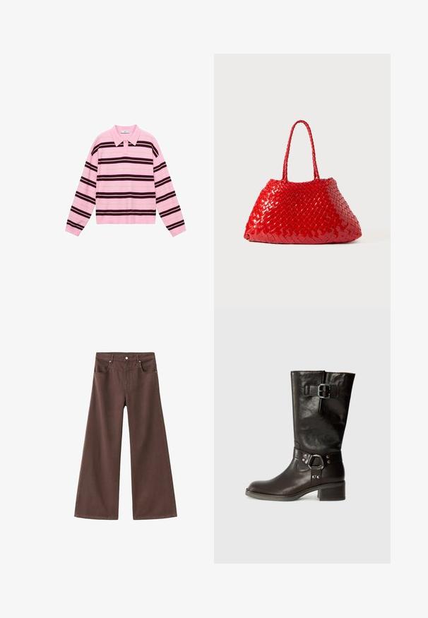 Polo majica s dugim rukavima u svijetlo rozoj boji, s horizonalnim prugama u tamno smeđoj i svijetlo bež boji. Klasični ovratnik s kopčanjem na gumbi.; Smeđe široke traperice izrađene od denima. Imaju pet džepova, patentni rajsferšlus i metalne zakovice. Glatka tekstura i klasičan dizajn.; Smeđe kožne čizme do koljena s zaobljenim prstom, bočnom kopčom i masivnom potpeticom. Glatka tekstura s metalnim naglascima na trakama.; Crvena tkana torba s sjajnim završetkom, koja ima pletene ručke. Karakterističnog trokutastog oblika i teksturirane površine sa uskim uzorkom.