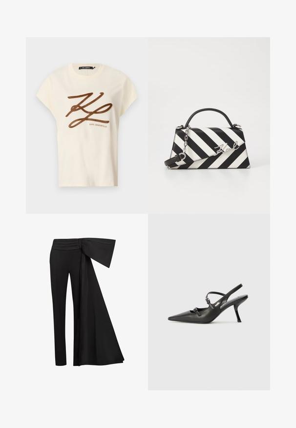 Krēma krāsas kokvilnas T-krekls ar īsām piedurknēm, priekšpusē ar brūnu izšūtu logo un uzrakstu.; Melni bikses ar platu, karājošu jostu vidukļa zonā. Gluda auduma, taisnā kāju griezuma un krokām jostasvietā.; Melnas ādas slingback papēži ar norādītu purngalu, izsmalcinātu papēdi un dekoratīvu sprādzi uz priekšpuses. Gluda tekstūra un elegants dizains.; Melnām un baltām svītrām rotāta rokassoma ar strukturētu formu, ar augšējo rokturi, noņemamu ķēdes siksnu un metāla logotipa akcentu.