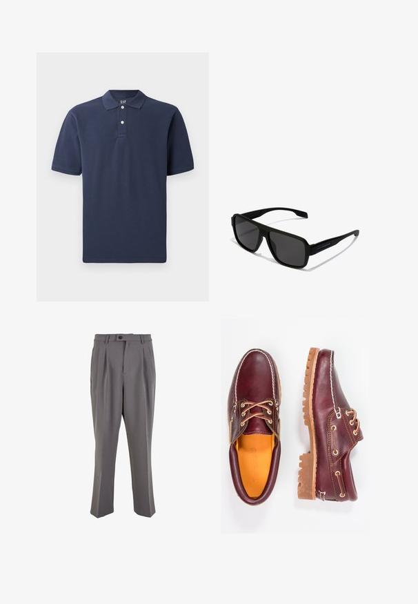Tamsiai mėlyna polo marškiniai pagaminti iš medvilnės, su trimis mygtukais, trumpomis rankovėmis ir tekstūruotu paviršiumi. Minimalistinis dizainas, be raštų.; Pilki klostuoti kelnių iš lygios medžiagos, turintys tiesų kirpimą, vieną mygtuką ir diržo kilpos. Minimalistinis dizainas.; Burgundi odiniai bateliai su rudais guminiais padais, apvaliu pirštu, balta siūle ir auksiniais inkarais. Interjere yra geltonas pamušalas.; Hawkers PARLAY - Akiniai nuo saulės - black