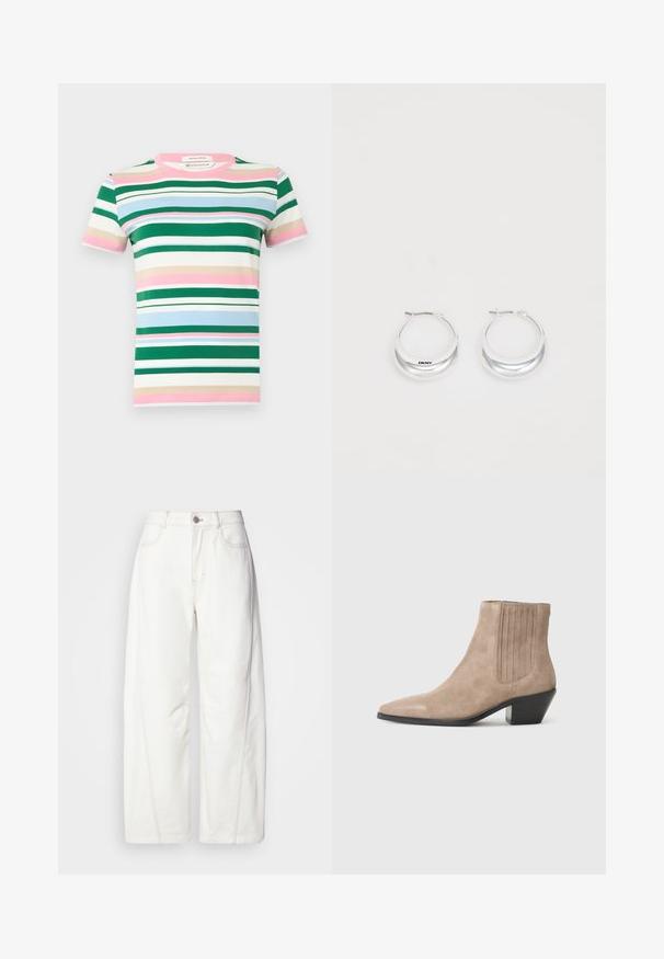 Camiseta de manga corta en algodón orgánico con rayas horizontales en verde, rosa, azul y beige. Cuello redondeado y corte holgado.; Jeans anchos blancos hechos de denim con costuras visibles. Presentan un cierre de botón y una ligera textura. Bolsillos en la parte delantera.; Botín de ante beige hasta el tobillo con punta afilada y tacón moldeado, que presenta destacados de costura vertical en los lados.; Pendientes de aro de plata con un acabado pulido y la marca DKNY, exhibidos sobre un fondo blanco liso.