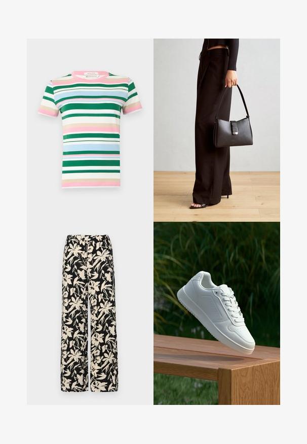 Kortærmet T-shirt i økologisk bomuld med horisontale striber i grøn, lyserød, blå og beige. Rund halsudskæring og afslappet pasform.; Sorte vide bukser med et mønster af cremefarvede blomster. Lavet af letvægtsstof, som har en glat tekstur og en høj talje.; Hvid sneaker med en glat syntetisk overdel, perforeret tåboks, flade snørebånd og en tekstureret sål, præsenteret på en træoverflade.; Sort håndtaske med struktureret form, glat overflade og metalspænde. Sammen med brede sorte bukser og sandaler med åben tå på trægulv.