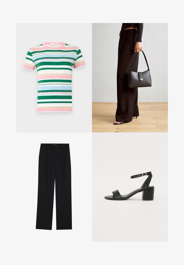 Kra short-sleeve T-kreklu no organiskās kokvilnas ar horizontālām svītrām zaļā, rozā, zilā un bēšā krāsā. Apaļais kakla izgriezums un brīva piegriezuma stils.; Melni bikses ar taisnu kāju dizainu, kurām ir divi priekšējie kabatas un jostasvieta. Izgatavotas no gludas, vieglas auduma.; Melnas papēžu sērijas sandales ar gludu ādas virsmojumu, atvērtu pirkstu, platām priekšējām siksnām un regulējamu potītes siksnu ar zelta sprādzi.; Melnā somiņa ar strukturētu formu, gludu tekstūru un metālu sprādzi. Saskaņota ar platām melnām biksēm un sandālēm ar atvērtu purngalu uz koka grīdas.