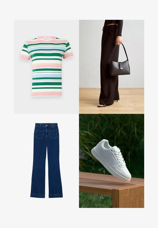 Krátký rukáv tričko z organické bavlny s vodorovnými pruhy v zelené, růžové, modré a béžové barvě. Lodičkový výstřih a uvolněný střih.; Džínové zvonové kalhoty v tmavě modré barvě s hladkou strukturou, pěti kapsami a zapínáním na knoflík v pase.; Bílé tenisky s hladkým syntetickým svrškem, perforovanou špičkou, plochými tkaničkami a texturovanou podrážkou, vystavené na dřevěném povrchu.; Černá kabelka se strukturovaným tvarem, hladkým povrchem a kovovým uzávěrem. Kombinována s širokými černými kalhotami a sandály s otevřenou špičkou na dřevěné podlaze.