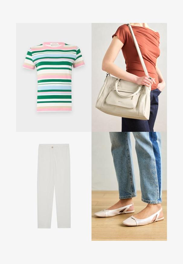 Short-sleeve T-shirt in organic cotton featuring horizontal stripes in green, pink, blue, and beige. Crew neckline and relaxed fit.; White, tailored trousers with a straight leg design, featuring a button closure, belt loops, and side pockets; smooth fabric texture.; Pale pink slingback flats with a pointed toe, made from a smooth leather-like material. Features cut-out details at the sides and a flat heel.; White leather handbag with dual handles and a detachable strap, featuring a front zip pocket and smooth texture. Carrying on a person's arm.