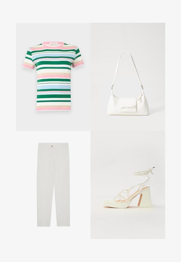 T-shirt a maniche corte in cotone biologico caratterizzato da righe orizzontali in verde, rosa, blu e beige. Collo a giro e vestibilità rilassata.; Pantaloni bianchi su misura con design a gamba dritta, dotati di chiusura a bottone, passanti per cintura e tasche laterali; tessuto morbido.; Sandalo bianco con tacco alto, caratterizzato da un design a cinturini e un legaccio alla caviglia. Texture liscia con una piattaforma frontale per un'altezza aggiuntiva.; Borsa sintetica bianca a forma triangolare, con patta anteriore piatta e dettaglio a fiocco, tracolla regolabile, texture liscia e design minimalista.