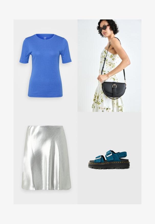 Sinine lühikeste varrukatega T-särk, mis on valmistatud pehmest puuvillast. Omab ümmargust kaeluste ja kindlat värvi ilma mustrite või aktsentideta.; Hõbedase metallilise viimistlusega mini-seelik, millel on sile tekstuur ja kergus sära. Omaduseks on lehvikukujuline disain ja lihtne, puhas lõigatud ääreline.; Sinised nahast sandaalid kahe reguleeritava rihmaga ja hõbedaste detailidega, millel on paks must platvormtalda, millel on kollased õmblused.; Mustmust mustraha kõverate joontega, eemaldatava rihmaga ja kuldsete detailidega. Kotil on klapp, millel on pandladetail.