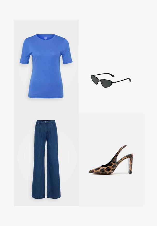 Zila īsām piedurknēm krekliņš, izgatavots no mīksta kokvilnas. Iezīmē apaļu kakla izgriezumu un ir vienotā krāsā bez rakstiem vai akcentiem.; Platas kājas zila denim bikses ar augstu jostasvietu, priekšējo pogu un slēgšanu ar rāvējslēdzēju, kā arī priekšējām un aizmugurējām kabatām uz vienkārša fona.; Lāču raksta slingback kurpes ar norādītu purngalu un caurspīdīgu bloku papēdi. Izgatavotas no spīdīgas masas ar gludu tekstūru.; Melnās metāla saulesbrilles ar leņķveida rāmjiem un tumšiem stikliem. Tām ir plānas, taisnas kājas un deguna spilventiņi drošai piegulšanai.