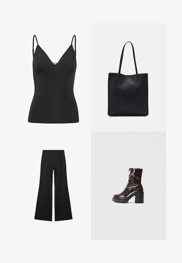 Schwarzes, tailliertes Camisole mit verstellbaren dünnen Trägern, V-Ausschnitt, nahtlosem Design und glatter Textur. Hergestellt aus einem weichen, dehnbaren Material.; Schwarze weit geschnittene Hose mit glatter Textur, ausgestattet mit Frontfalten und einem taillierten Design. Der Stoff ist leicht und fließend.; Glatte bordeauxrote Ankle Boots mit einem klobigen schwarzen Absatz, die eine glatte Oberfläche und ein einfaches Design aufweisen. Keine sichtbaren Verschlüsse oder Muster.; Schwarze Laptoptasche aus Leder mit glatter Textur, rechteckiger Form und zwei langen Griffen. Keine sichtbaren Beschläge oder Verzierungen.