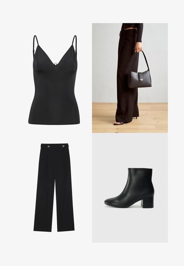 Camisola nera aderente con spalline sottili regolabili, scollatura a V, design senza cuciture e texture liscia. Realizzata in un materiale morbido e elasticizzato.; Pantaloni neri a gamba larga con vita alta, dettagli con bottoni in vita e pieghe frontali.; Stivali neri in pelle fino alla caviglia con punta appuntita e tacco spesso. Texture liscia con minimi dettagli e un design elegante e aderente.; Borsa nera con forma strutturata, texture liscia e una chiusura metallica. Abbinata a pantaloni neri larghi e sandali open-toe su un pavimento in legno.