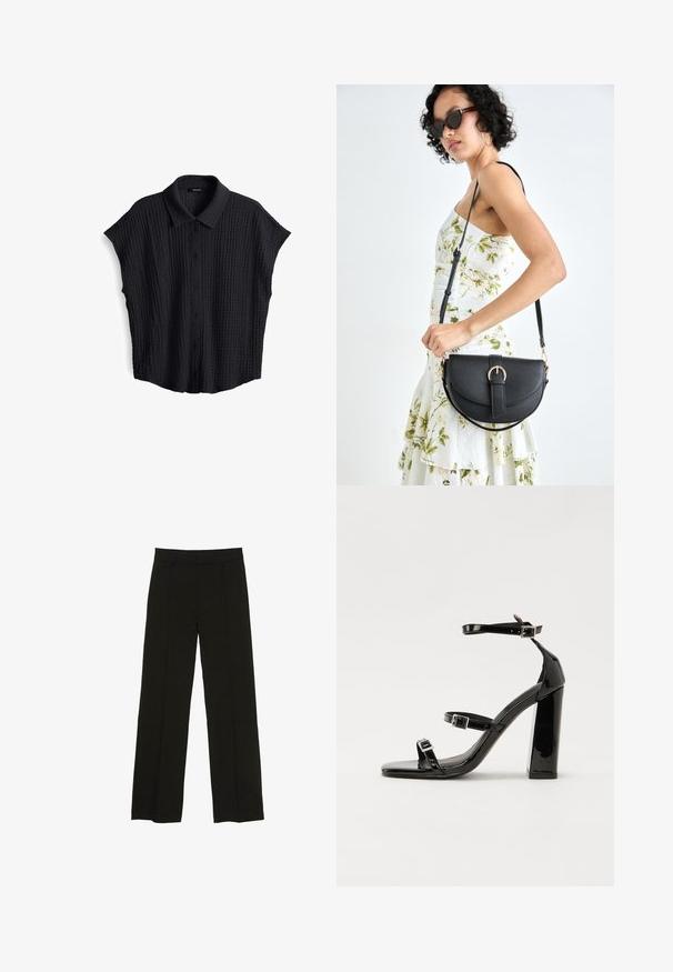 Zwarte T-shirt met korte mouwen, gemaakt van een gestructureerde stof, met een knoopsluiting aan de voorkant en een kraag. Heeft een relaxte pasvorm en een subtiel geribbeld patroon over de stof.; Zwarte wijde pantalon gemaakt van een soepele stof, met een aansluitende tailleband en subtiele plooien aan de voorkant voor extra textuur.; Zwarte patent lederen sandalen met hoge hakken, twee gespenbanden, een vierkante neus en een stevige blokhak, met een gladde, glanzende textuur.; Zwarte leren handtas met een gebogen vorm, afneembare schouderband en gouden hardware. De tas heeft een klep met een gespsluiting.