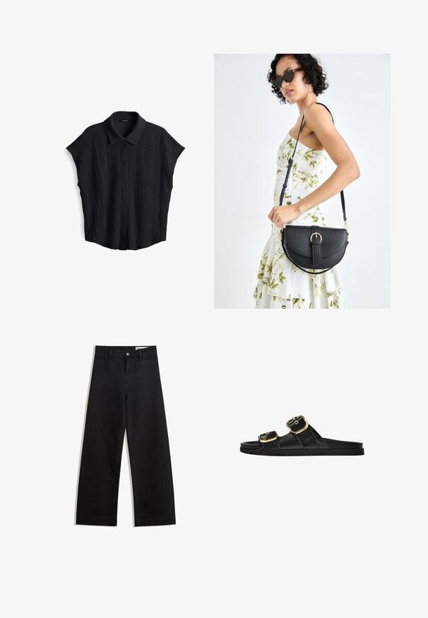 Schwarzes Kurzarmhemd aus strukturiertem Stoff, mit Knopfverschluss und Kragen. Hat einen lockeren Schnitt und ein dezentes geripptes Muster überall.; Schwarze weit geschnittene Jeans mit hoher Taille, ausgestattet mit Vorder- und Hintertaschen, gesteppten Nähten und einem Knopfverschluss. Glatte Textur.; Schwarze Riemensandale mit zwei goldenen Schnallendetails, glattem Material, flachem Sohlen und minimalistischer Gestaltung.; Schwarze Lederhandtasche mit geschwungener Form, abnehmbarem Tragegurt und goldenen Beschlägen. Die Tasche verfügt über einen Deckel mit einer Schnallen-Details.