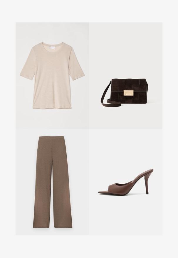 Filippa K ELENA TEE - T-shirts basic - taupe; Brune bukser med vide ben og fladt taljebånd, ingen synlige lommer eller lukninger, vist på hvid baggrund.; Brune læder open-toe højhælede mules med et slankt design, der har en bred frontrem og en slank stiletto-hæl.; Brun ruskinds håndtaske med quiltet design, rektangulær form, guldfarvede detaljer og en justerbar skulderrem.
