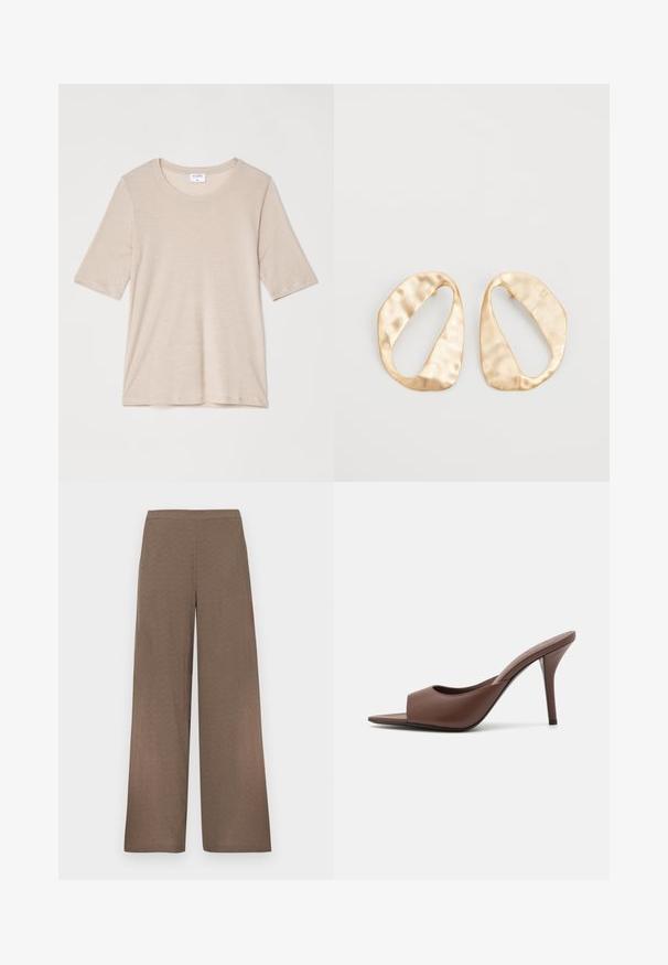 Filippa K ELENA TEE - Basic T-shirt - taupe; Wide-leg brown trousers with flat waistband, no visible pockets or fastenings, displayed on a white background.; Brown leather open-toe high-heeled mules with a sleek design, featuring a wide front strap and a slender stiletto heel.; Pair of irregular oval-shaped gold-toned metal earrings with a textured, slightly hammered surface on a white background.