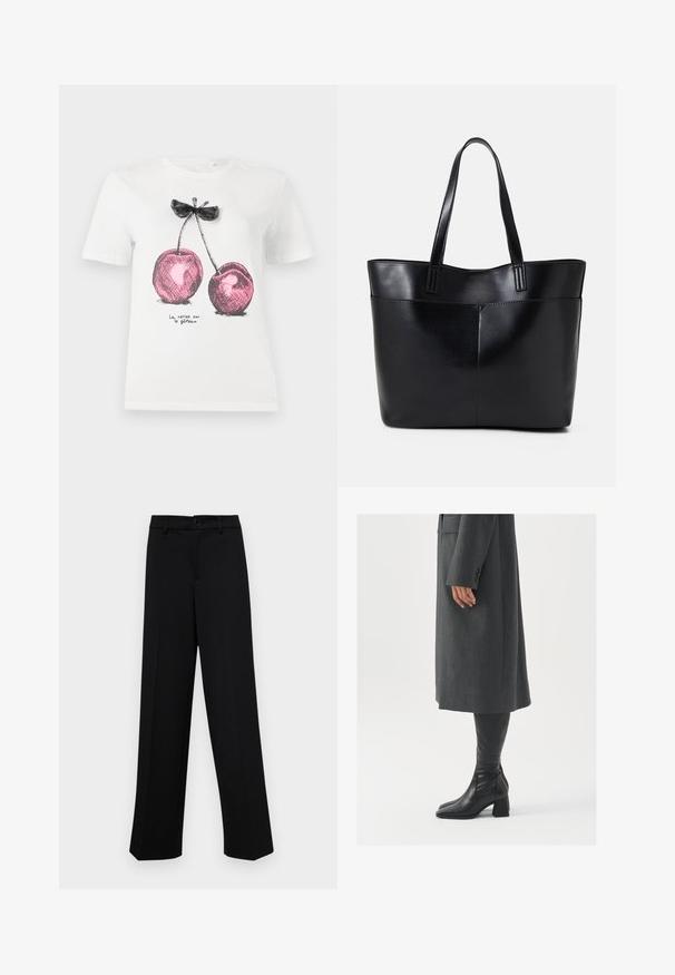 Fehér pamut póló, rózsaszín cseresznye grafikával fekete részletekkel és masni díszítéssel, az alján pedig "La cerise sur le gâteau" felirattal.; Fekete, széles szárú nadrág sima anyagból, klasszikus derékrésszel, gombzárral és elülső redőkkel.; Szürke, szabott overál, egyenes vonallal; térd fölé érő fekete bőrcsizmákkal párosítva, négyzetes orral és vastag sarokkal.; Fekete bőr bevásárlótáska két hosszú fogantyúval, sima felülettel és strukturált formával. Elülső zseb található rajta a plusz tárolás érdekében.