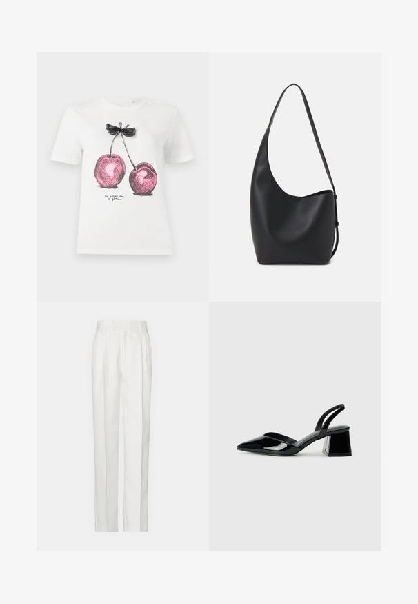 White cotton t-shirt featuring pink cherry graphic with black accents and bow detail, with "La cerise sur le gâteau" text at the bottom.; White pinstriped trousers with a straight leg design, made from a lightweight fabric. Features pleats at the front and a traditional waistband.; Black patent leather slingback heels with a pointed toe and a geometric block heel. Features a sleek, minimal design and smooth texture.; Black leather hobo bag with a smooth texture, curved shape, and single adjustable strap; features a wide opening at the top.
