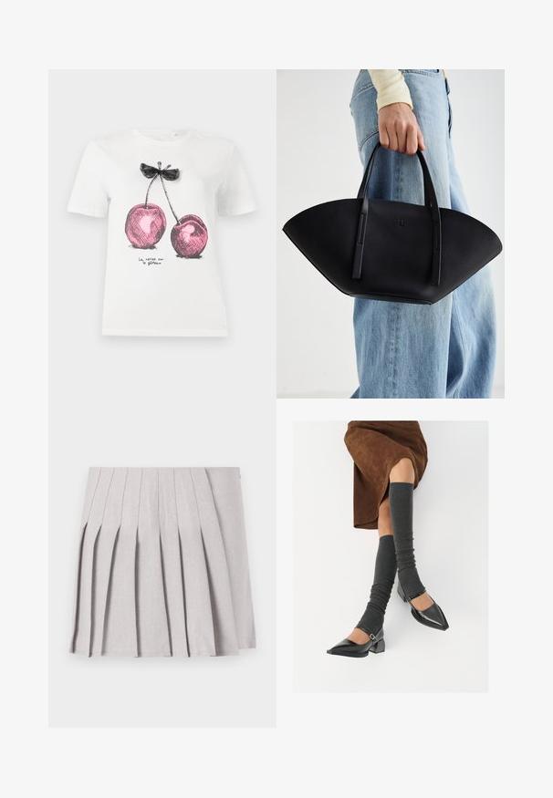 T-shirt en coton blanc avec un graphique de cerises roses et des accents noirs, accompagné d'un détail en forme de nœud, avec le texte "La cerise sur le gâteau" en bas.; Jupe plissée grise au toucher lisse, dotée de multiples plis verticaux et d'une taille ajustée. Fabriquée en tissu léger.; Chaussures à bout pointu en cuir verni noir avec un talon bloc et une bride à la cheville, accompagnées de jambières en maille grise et d'une jupe en daim marron.; Sac à main en cuir noir avec une forme de éventail unique, doté de poignées plates. La surface présente une texture granuleuse et un design minimaliste.