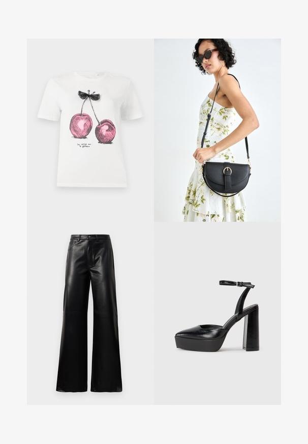 T-shirt en coton blanc avec un graphique de cerises roses et des accents noirs, accompagné d'un détail en forme de nœud, avec le texte "La cerise sur le gâteau" en bas.; Pantalons larges en faux cuir noire taille haute avec bouton avant, fermeture éclair, passants de ceinture et poches latérales sur fond blanc.; Escarpins noirs à plateforme avec un bout pointu et une sangle réglable à la cheville. Conçus en cuir lisse, avec un large talon bloc.; Sac à main en cuir noir avec une forme courbée, bandoulière amovible et des accessoires en or. Le sac est doté d'un rabat avec un détail de boucle.