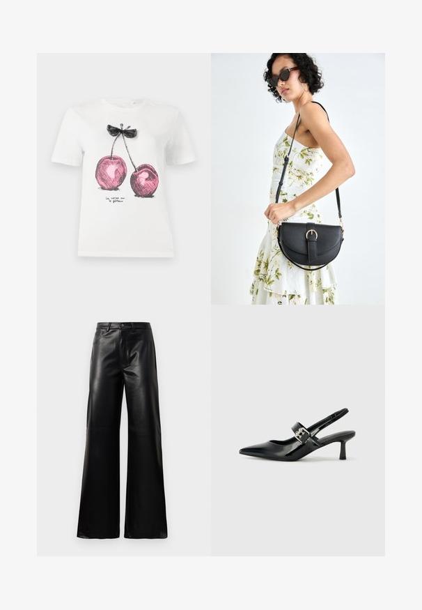 Weißes Baumwoll-T-Shirt mit pinkem Kirschgraphic, schwarzen Akzenten und Schleifendetail, mit dem Text "La cerise sur le gâteau" am unteren Rand.; Schwarze leichte, weit geschnittene, hochtaillierte Kunstlederhose mit vorderem Knopf, Reißverschluss, Gürtelschlaufen und Seitentaschen auf weißem Hintergrund.; Schwarze Lackleder Slingback-Absätze mit spitzem Zeh und kleinem Blockabsatz, ausgestattet mit einem silbernen Schnallenakzent am Riemen.; Schwarze Lederhandtasche mit geschwungener Form, abnehmbarem Tragegurt und goldenen Beschlägen. Die Tasche verfügt über einen Deckel mit einer Schnallen-Details.
