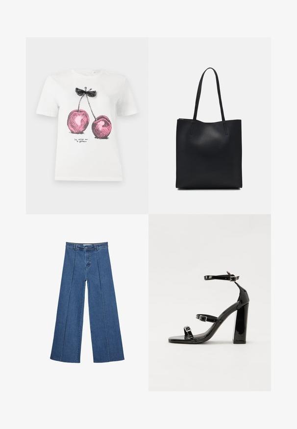 Witte katoenen T-shirt met een roze kersengrafiek met zwarte accenten en strikdetail, met de tekst "La cerise sur le gâteau" onderaan.; Brede denim jeans in medium blauw, met een hoge taille, knoopsluiting en contrasterende verticale naden aan de voorkant.; Zwarte gepatenteerde sandalen met hak en een vierkante neus, enkelbandjes en zilveren gespen. Heeft een stevige blokhak voor stabiliteit.; Zwarte leren handtas met een gladde textuur, rechthoekige vorm en twee lange handvaten. Geen zichtbare hardware of versieringen.