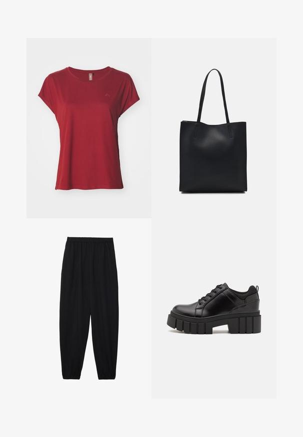 ONLY Play ONPAUBREE LIFE ON BAT LOOSE TEE - T-shirt básica - sun-dried tomato; Calças pretas, leves, com um cinto elástico e punhos franzidos. O tecido é suave e apresenta um design relaxado e afunilado.; Sapatos de plataforma em couro preto com um salto bloco robusto, bico redondo e design clássico de atacadores. Apresentam uma textura suave e detalhes mínimos.; Bolsa tote preta em couro com textura lisa, forma retangular e duas alças longas. Sem hardware ou enfeites visíveis.