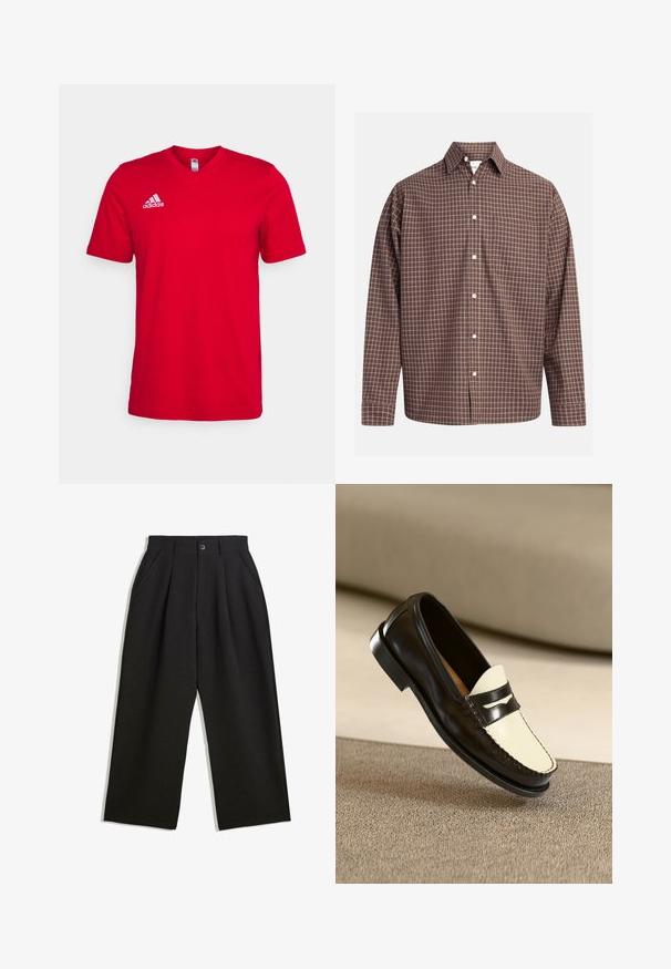 Rotes Baumwoll-T-Shirt mit kurzen Ärmeln, V-Ausschnitt und weißem Adidas-Logo auf der linken Brust. Glatte Textur, keine sichtbaren Muster.; Braun kariertes Hemd mit langen Ärmeln, ausgestattet mit einer Brusttasche und weißen Knöpfen auf einem strukturierten Stoff.; Schwarze Hose mit lockerem Schnitt, mit Falten an der Vorderseite, Seitentaschen und einem Knopfverschluss. Hergestellt aus strukturiertem Stoff.; Schwarze Lederloafer mit einem cremefarbenen Schaft und schwarzen Akzentstreifen, ausgestattet mit einem niedrigen Absatz und detaillierter Naht entlang der Kanten.