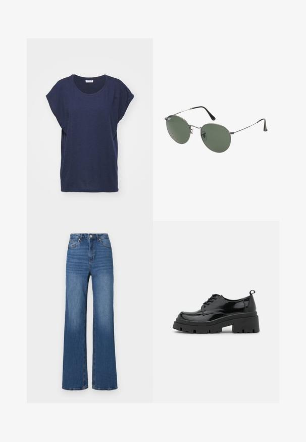 Tumed sinine lühikeste varrukatega T-särk, mis on valmistatud pehmest kangast, ümarate kaelaaukudega ja lõdva istuvusega, külje lõhedega mugavuse ja liikumisvabaduse tagamiseks.; Klassikalised kõrge vöökoht ja laiad sinised teksad, valmistatud denimist, omavad klassikalist viit taskut ja peent kulumist jalgadel.; Mustad mustri kingad, millel on paks platvormsüstal ja paksed nöörid. Ümar nina, minimaalne detaljide arv ja väike kannataga tab.; Metallist raamistikuga prillid ovaalsete roheliste läätsedega. Õhuke hõbedane metallraam ja mustad kõrvakatted. Minimalistlik disain, nähtavad logod puuduvad.