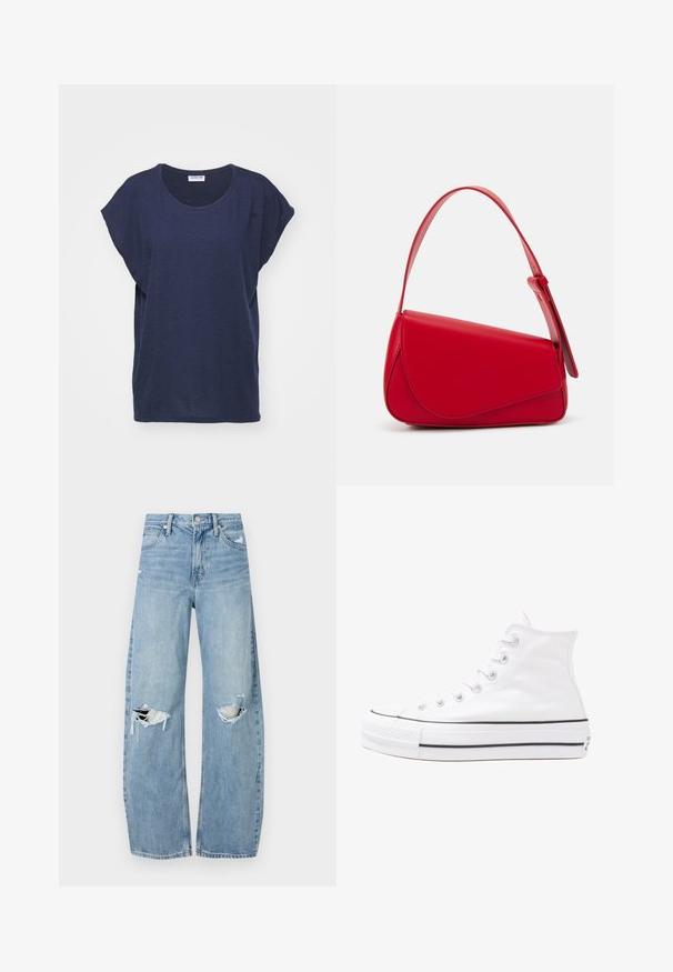 Námornícky modré tričko s krátkym rukávom vyrobené z mäkkej tkaniny, s okrúhlym výstrihom a voľným strihom s bočnými rozparkami pre pohodlie a ľahký pohyb.; Svetlomodré, vysoké džínsy vyrobené z denimu. Majú široké nohavice, dve roztrhnuté kolená a klasický päťvreckový strih.; Biele vysoké plátené tenisky s čiernou gumovou podošvou, prednou gumovou špičkou a šiestimi okami na šnúrky, s čistým, minimalistickým dizajnom.; Červená kožená kabelka s ostrým, geometrickým dizajnom. Má jeden nastaviteľný popruh a uzatváranie na klopu so šitím.