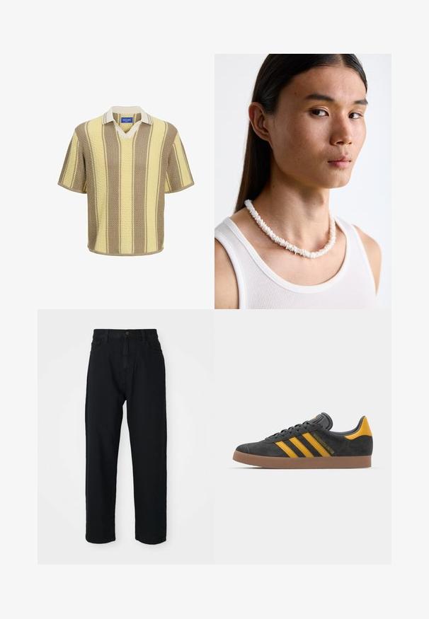 Kurzärmliges Strickpolo in Beigetönen mit creme- und gelben Streifen. V-Ausschnitt-Design mit kontrastierendem Kragen und strukturiertem Stoff.; Schwarze Jeans mit geradem Schnitt. Verfügt über ein klassisches Fünf-Taschen-Design, Knopfverschluss und subtile Stofftextur.; Schwarze Wildledersneaker mit gelben Akzenten, ausgestattet mit drei Streifen und einer braunen Gummisohle. Enthält eine gepolsterte Zunge für zusätzlichen Komfort.; Weißes Muschelkette, die aus unregelmäßigen Formen besteht, getragen über einem enganliegenden weißen Tanktop. Glatte Textur mit subtiler Schattierung, körpernahe Passform.