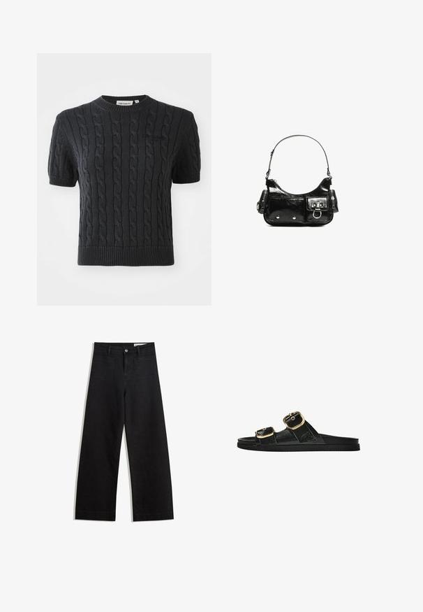 Short-sleeve black knitted sweater featuring a cable pattern, ribbed crew neckline, and a subtle brand logo embroidered on the chest.; Black wide-leg denim pants with a high waist, featuring front and back pockets, stitched seams, and a button closure. Smooth texture.; Black slide sandal with two gold buckle accents, smooth textured material, flat sole, and a minimalist design.; Black patent leather handbag with a curved shape, one shoulder strap, front pockets, and silver-tone hardware accents.
