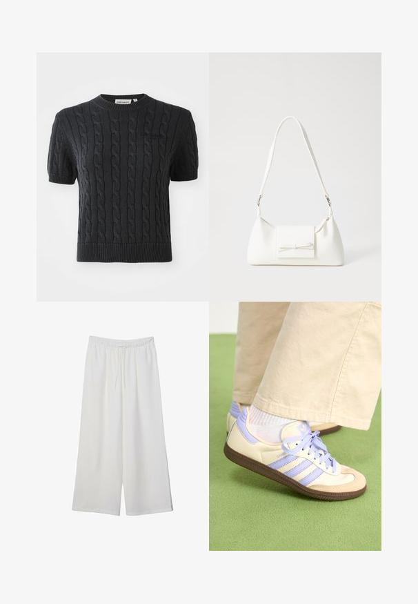 Schwarzer, kurzärmeliger Strickpullover mit einem Zopfmuster, geripptem Rundhalsausschnitt und einem dezenten, auf der Brust gestickten Markenlogo.; Weiße, weit geschnittene Hosen aus leichtem Stoff, mit einem elastischen Bund und einem Zugband für eine verstellbare Passform. Glatte Textur.; Cremefarbene und lavendelfarbene Sneakers mit drei Streifen und einer strukturierten braunen Sohle, ausgestattet mit Schnürsenkeln und einer gepolsterten Ferse. Obermaterial aus weichem Stoff.; Weiße synthetische Handtasche in dreieckiger Form, flache Vorderklappe und Schleifendetail, verstellbarer Trageriemen, glatte Textur und minimalistisches Design.