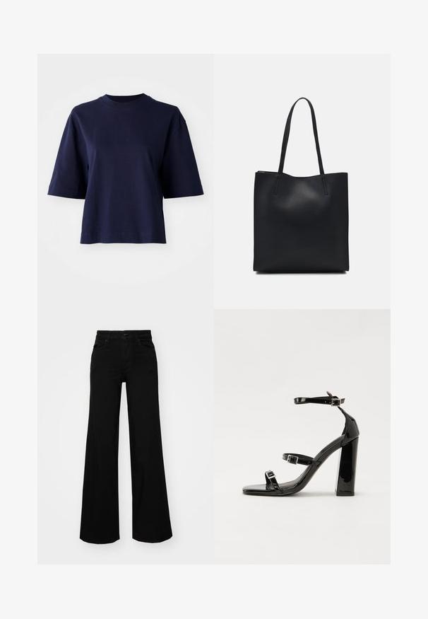 Navyblaue Baumwoll-T-Shirt mit rundem Ausschnitt, kurzen Ärmeln und lässiger Passform. Hat eine einfarbige Gestaltung ohne Muster oder Verzierungen.; Schwarze weit geschnittene Hose aus Denim, mit einem strukturierten Bund, Gürtelschlaufen und Fronttaschen. Glatte Textur mit klassischem Design.; Schwarze patentierte Sandalen mit Absatz, quadratischer Spitze, Knöchelriemen und silbernen Schnallen. Mit einem stabilen Blockabsatz für mehr Stabilität.; Schwarze Laptoptasche aus Leder mit glatter Textur, rechteckiger Form und zwei langen Griffen. Keine sichtbaren Beschläge oder Verzierungen.