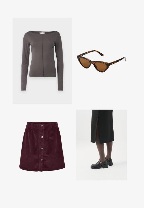 Ilgų rankovių viršus tamsiai pilkos spalvos džersio audinio, turintis kvadratinį iškirpimą ir centrinius siūlės akcentus. Minkšta tekstūra su pūsto siluetu.; Vyno raudonos kordūroja mini sijonas su A formos siluetu, turintis penkis sidabrinius mygtukus priekyje ir subtilią raukšlių tekstūrą.; Juodos odinės bateliai su apvaliu nosiu, stora blokine pakulne ir elastingais šonais, derinami su tamsiomis pėdkelnėmis ir juoda sijonu su plyšiu.; Katės akies saulės akiniai su juodu ir oranžiniu šarvuotu rėmeliu, ruda objektyvu ir elegantiškais, smailiais galiukais. Rėmelyje yra minimalus logotipas ant šventės.