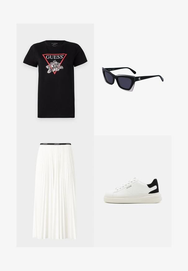 Tricou din bumbac negru cu un logo triunghiular roșu, având cuvântul "GUESS" și un design floral embellisat cu accente argintii.; Fustă plisată albă cu un brâu elastic negru, având logo-ul "LACOSTE". Design de lungime medie, cu textură moale.; Adidași din piele albă cu o talpă groasă albă, accent de călcâi din suede negru și logo embosat pe lateral. Design cu șireturi și șase orificii.; Ochelari de soare supradimensionați, negri, cu o formă geometrică, având lentile întunecate și un detaliu gri contrastant pe ramă. Logo pe braț.