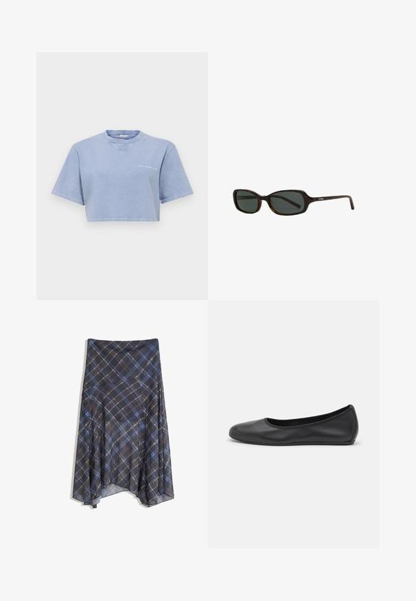 Zkrácený světle modrý tričko vyrobené z měkké látky, s krátkými rukávy, kulatým výstřihem a malým grafickým potiskem na přední straně.; Černá kostkovaná sukně s modrými a hnědými pruhy, volný design, střední délky, vyrobena z lehké látky s hladkou texturou.; Černé kožené baletní byty s kulatou špičkou, hladkou texturou, minimálními švy a flexibilním designem podrážky.; CHIMI CODE - Sluneční brýle - tortoise