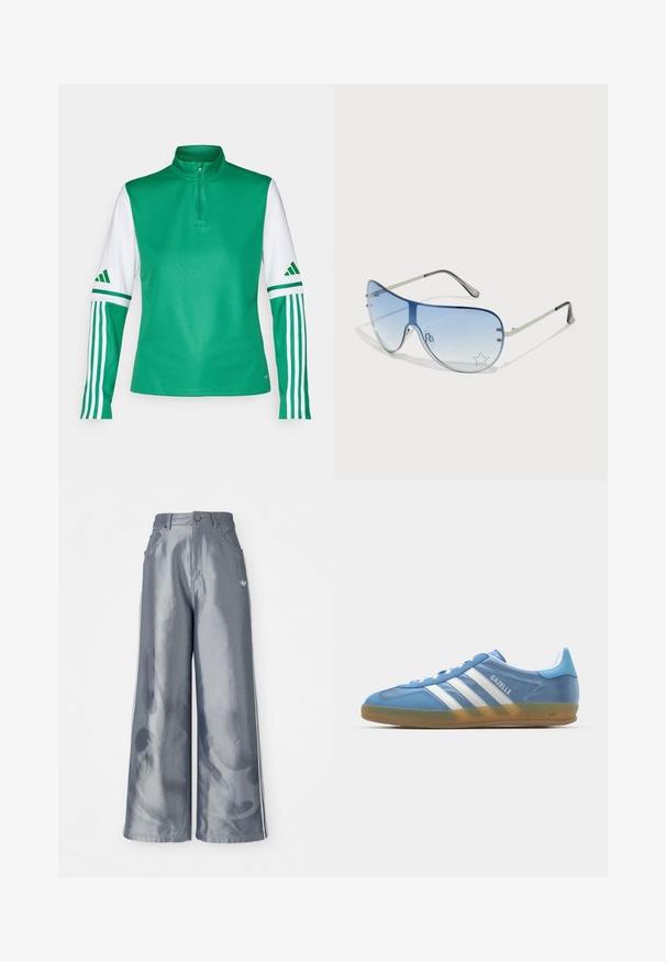 Top sportiv din poliester verde, cu guler înalt, închidere cu fermoar pe jumătate, mâneci albe și trei dungi albe pe fiecare mânecă.; Pantaloni cu picioare largi din material lucios gri, având dungi laterale albe și un model cu flăcări pe picioarele inferioare. Închidere cu nasture și fermoar la talie.; adidas Originals GAZELLE INDOOR - Sneakers low - footwear white; Ochelari de soare aviator cu lentilă gradient albastră, ramă metalică argintie și accente decorative sub formă de stele pe lentilă. Design neted și elegant.