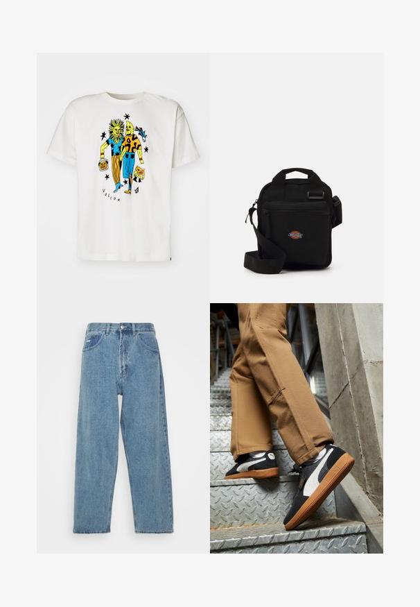 Bílý bavlněný tričko se colorful grafikou dvou postav, jedna s designem slunce a druhá s tečkovaným vzorem, s textem "VOLCOM".; Svetle modré džíny s vysokým pasem a uvolněným střihem, vybavené dvěma předními kapsami, jednou zadní kapsou a zapínáním na knoflík.; Černé a šedé semišové tenisky s bílými detaily a gumovými podrážkami, obuté na béžových kalhotách při stoupání po kovových schodech.; Černá crossbody taška se zipovou kapsou, obdélníkový tvar, vyrobená z látky, s logem na přední straně, nastavitelné ramenní popruhy.