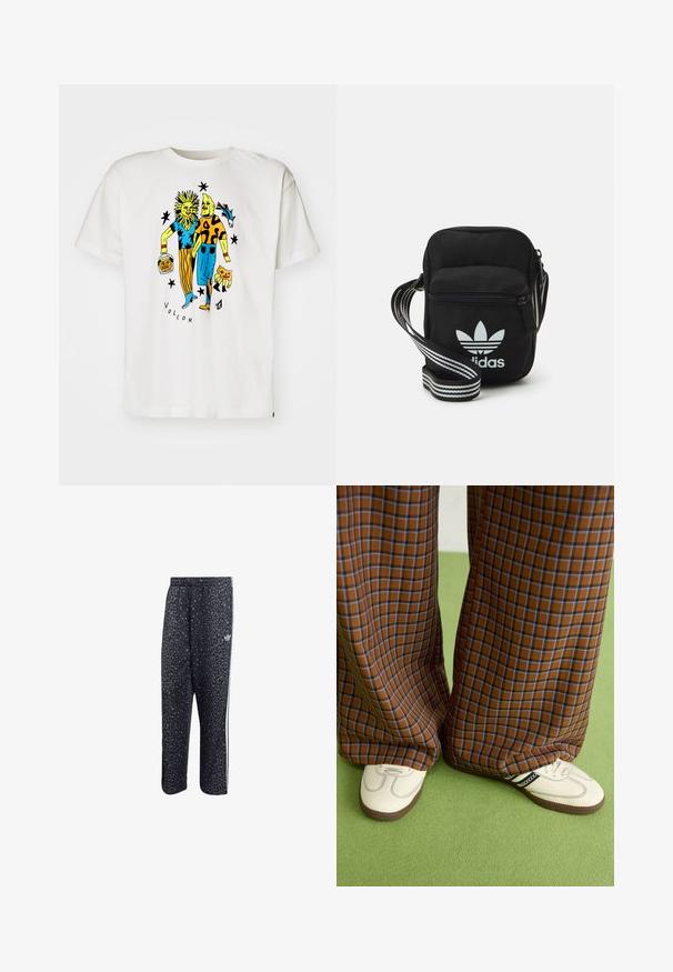 Balta kokvilnas t-kreklu ar krāsainu grafiku, kurā attēloti divi tēli, viens ar saules motīvu, otrs ar punktotu rakstu, un uzraksts "VOLCOM".; Melnas sporta bikses ar leopardu rakstu, ar baltu trīs svītru dizainu un sporta zīmola logo sānos.; Brūni un zili rūtaini platās kājas bikses, kas savienotas ar baltām kurpēm ar melniem akcentiem un teksturētām zolēm, uz zaļa fona.; Melna auduma crossbody soma ar rāvējslēdzēja aizdari, kurai ir balts Adidas logo un svītrainas regulējamas siksnas ērtiem pārvietošanās veidiem.