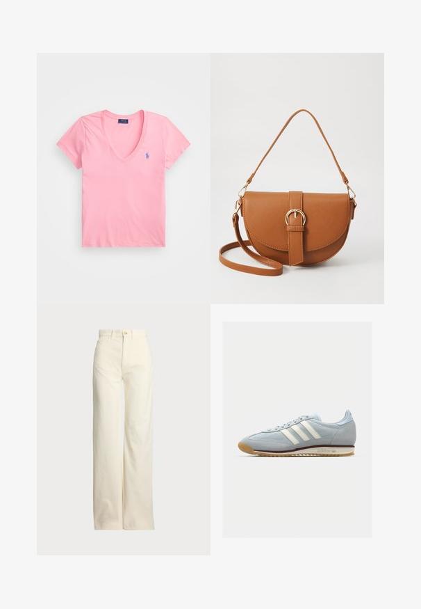 Svetloružové tričko s výstrihom do V z bavlny, s krátkymi rukávmi a malým modrým vyšívaným logom na ľavej strane hrudníka.; Polo Ralph Lauren COTTON CORDUROY WIDE-LEG PANT - Nohavice - warm white; Svetlomodré semišové tenisky s bielymi tromi pruhmi, gumovou podrážkou a textúrovanou sieťovinou. Majú hladký špic a branding na päte.; Hnedá kožená kabelka cez telo s zakriveným tvarom, zlatými kovovými doplnkami a akcentom s prackou. Obsahuje odnímateľný ramenný popruh.