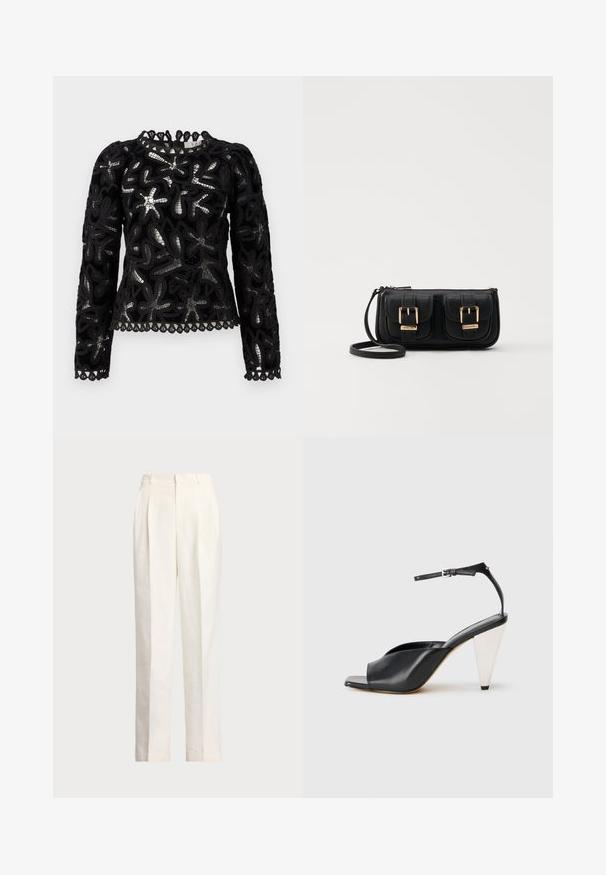 Black lace top with long sleeves, featuring textured floral patterns and a scalloped hem. Round neck with detailed edging.; Polo Ralph Lauren HEMP WIDE LEG PANT - Trousers - nevis; Black leather high heel sandal with open toe, asymmetrical design, ankle strap, and a metallic cone-shaped heel. Smooth texture throughout.; Black leather crossbody bag with two front pockets, gold buckles, zipper closure, and a slim strap. Textured surface and compact rectangular shape.