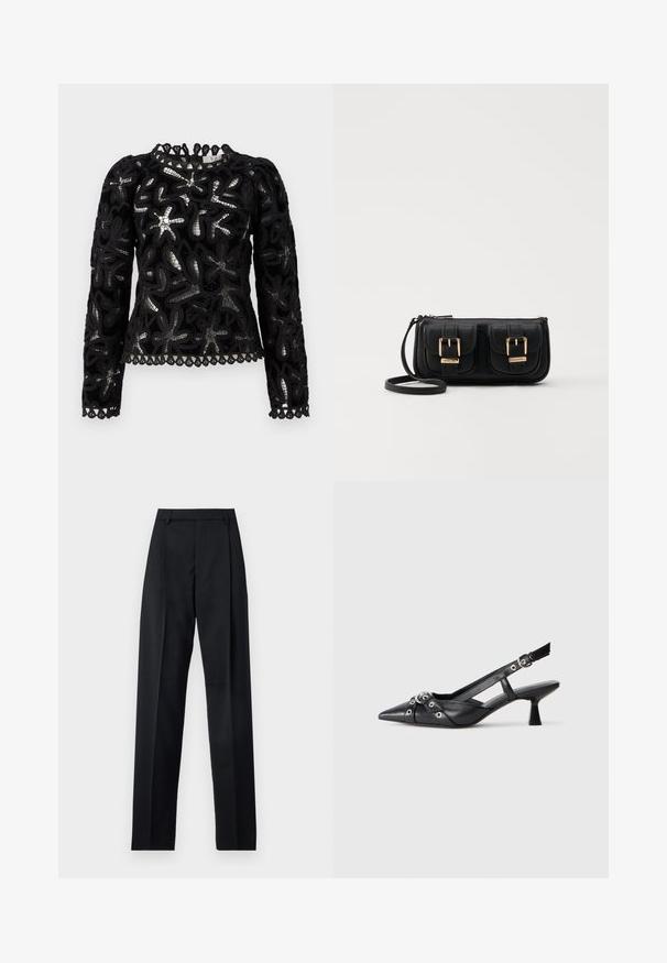 Musternahk ja pika varrukaga must pitsipek, millel on tekstureeritud lillemustrid ja laineline äär. Ümmargune kaelus detailse servaga.; Mustad püksid siledast kangast, millel on kõrge vöökoht, laiad jalad, esimesed kortsud ja klassikalised vööloopid. Küljepockets pole nähtavad.; Must must have must toote tõmblukuga, dekoratiivsed rihmad metallist silmadega ja madal blokk-kand. Tekstureeritud pind.; Must küllastamata nahast õlakott, millel on kaks esist nähtavat taskut, kuldsed pandlad, tõmblukuga sulgemine ja peen rihm. Tekstuuriga pind ja kompaktne ristkülikukujuline kuju.