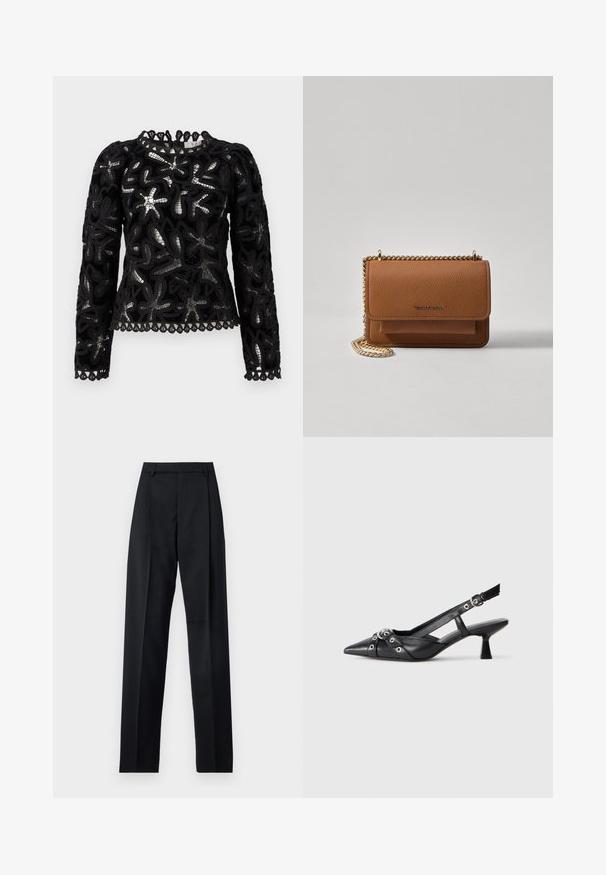 Fekete csipke felső hosszú ujjal, texturált virágmintákkal és fodros szegéllyel. Kerek nyakkivágás részletes élzéssel.; Fekete nadrág sima anyagból, magas derékkal, széles lábakkal, elülső redőkkel és klasszikus övhurkokkal. Oldalzsebek nem láthatók.; Fekete bőr slingback cipő hegyes orral, dekoratív pántokkal, fém szemekkel és alacsony blokk sarkú. Texturált felület.; Barna textúrájú bőr keresztbody táska arany lánc pánttal és fedélzárral. Az elején logó részlet és egy zseb található a fedél alatt.
