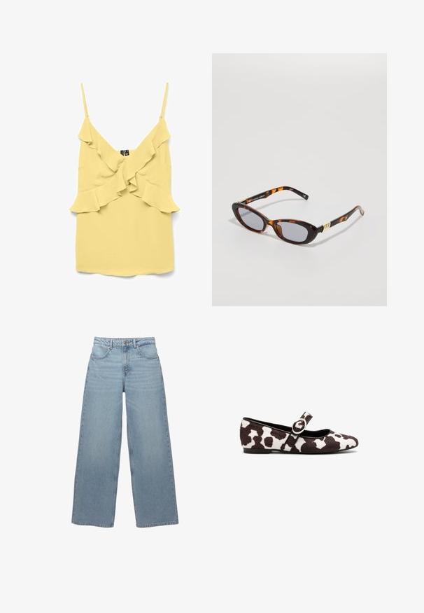 Žlutý top bez rukávů s volánkovými detaily na přední části a lemu. Vyrobený z lehké tkaniny s hladkým povrchem.; Světle modré široké džíny vyrobené z denimové bavlny, s pěti kapsami, předním zapínáním na knoflík a minimálním třepením podél lemu.; Baletní baleríny v bílo-hnědém vzoru připomínajícím krávu, s kulatou špičkou a páskem s detailním kulatým přezkovým zapínáním. Rovná podešev.; Sluneční brýle s želvovinovým vzorem, elegantní oválný rám, šedé čočky a zlaté akcenty na spáncích, které představují odvážný design a lesklý povrch.