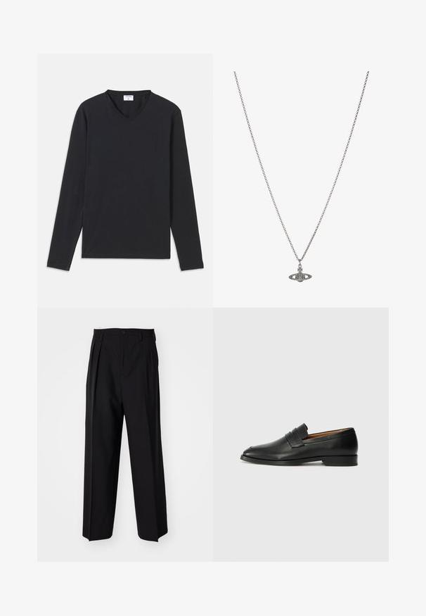 Črna dolgoročna majica s spletenim ovratnikom, izdelana iz mehkega materiala, s ravnim krojem in brez vidnih vzorcev ali dodatkov.; Črne nabirane hlače s ravnim, širokim krojem. Narejene so iz gladkega materiala in imajo zadrgo ter pasne zanke.; Črne usnjene loferice z zaobljenim prstom, subtilnim šivanjem in nizkim petam, ki se odlikujejo po gladki teksturi in minimalističnem oblikovanju.; Srebrna verižica z obeskom v obliki planeta, okrašena z majhnimi detajli in zapletenimi vzorci.