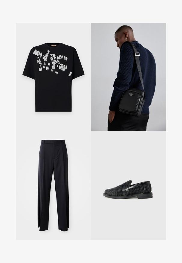 Marni Triko s potiskem - black; Černé kalhoty s vysokým pasem a širokým střihem, vyrobené z hladké látky. Mají přední sklady a poutka na opasek. Minimalistický design, bez viditelného kovového hardwaru.; Černé pletené nazouvací boty s hladkým koženým akcentem na svršku, kulatou špičkou a nízkoprofilovou gumovou podrážkou.; Černá kožená crossbody kabelka s zipovou kapsou, detailem loga a nastavitelným popruhem se značkou. Nositá na texturovaném námořnickém svetr.