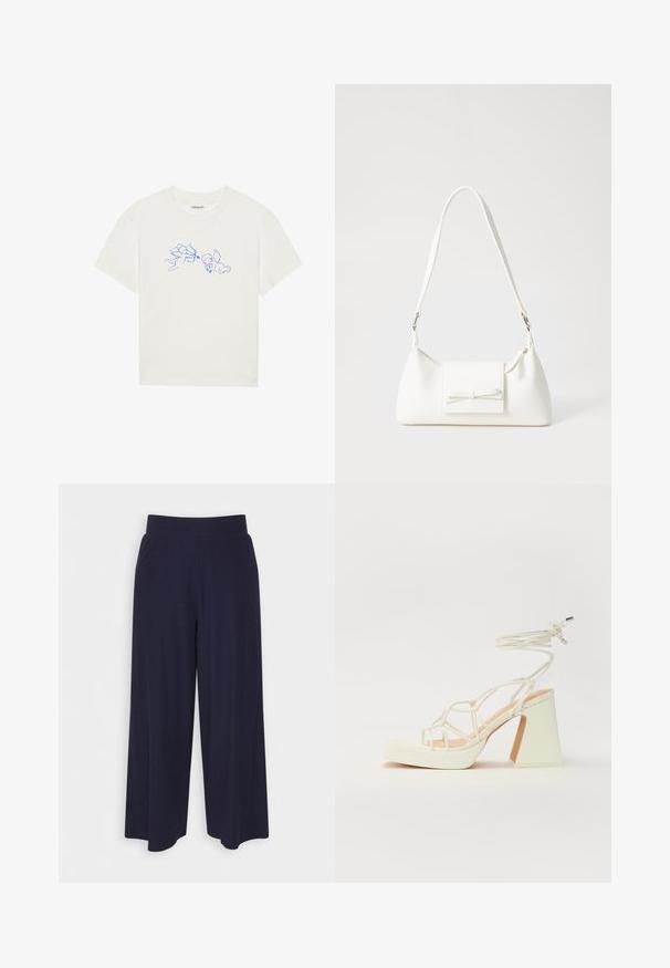 Witte katoenen t-shirt met blauwe omlijnde illustraties van twee cherubijnen in speelse poses, ronde hals, korte mouwen en een relaxte pasvorm.; Wijd-uitlopende broek in donkerblauwe stof met een geribbeld patroon. Heeft een gladde tailleband en een vloeiende silhouet, die tot halverwege de kuiten reikt.; Witte hoge hakken sandaal met een chunky hak, met een bandjesontwerp en enkelband. Gladde textuur met een plateau voor extra hoogte.; Witte synthetische handtas met een driehoekige vorm, platte voorklep en strikdetail, verstelbare schouderriem, gladde textuur en minimalistisch ontwerp.